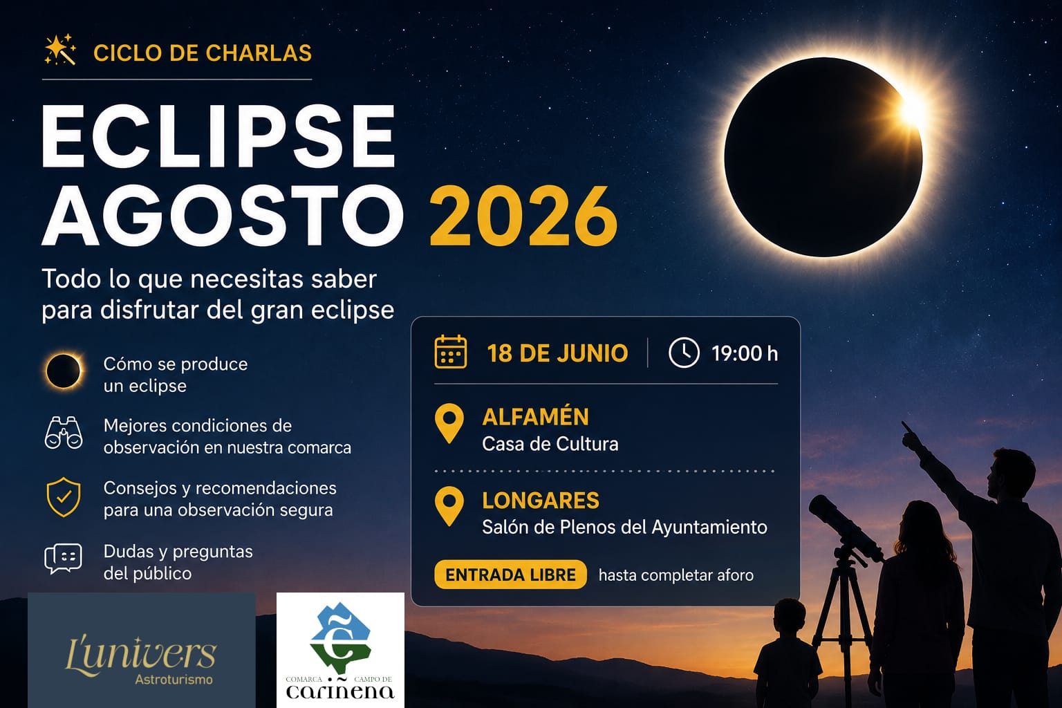 Eclipse solar 2026: charlas divulgativas en Alfamén y Longares (Zaragoza)